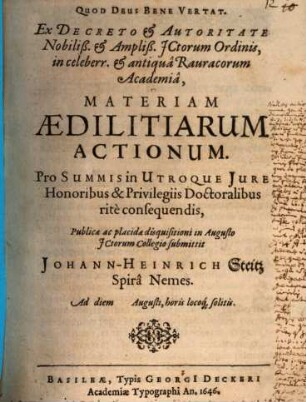 Materiam aedilitiarum actionum publ. disquisitioni ... submittit Joh. Henr. Steitz [pro grad.]
