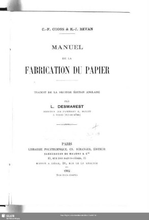 Manuel de la Fabrication du Papier