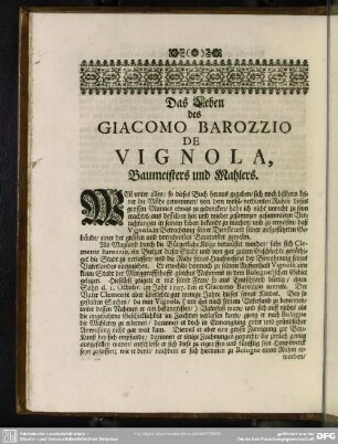Das Leben des Giacomo Barozzio De Vignola, Baumeisters und Mahlers
