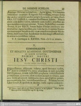V. Commissarius Et Senatus Academiae Gottingensis Ad Sacrum Natalitium Domini Nostri Jesu Christi Cives Suos Invitat