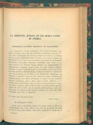 La Argentina juzgada en los demás países de América : Refutación a un libro argentino: La Argentinidad