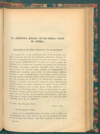 La Argentina juzgada en los demás países de América : Refutación a un libro argentino: La Argentinidad