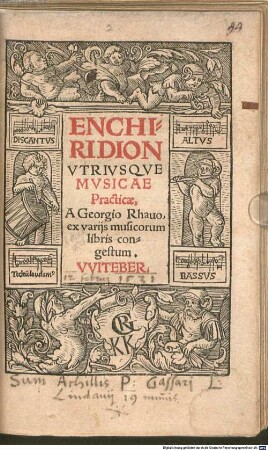 ENCHIRIDION VTRIVSQVE MVSICAE Practicae, A Georgio Rhauo, ex varijs musicorum libris congestum