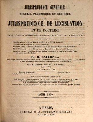 Jurisprudence générale : recueil périodique et critique de jurisprudence, de législation et de doctrine. 1859
