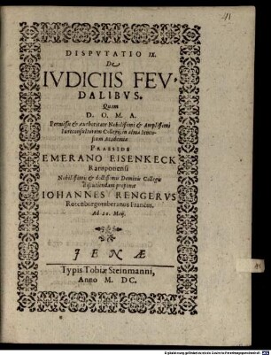 Consuetudines feudales in decem disputationes coniectae, Disp. IX.. De iudiciis feudalibus