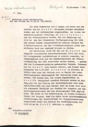 Schreiben Rauther an das Kultministerium bezüglich "Hautsaurierpräparat" Stenopterygius crassicostatus