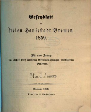 Gesetzblatt der Freien Hansestadt Bremen. 1859. - 1860