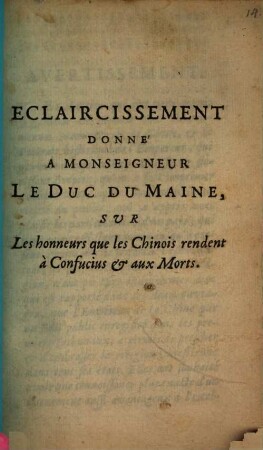 Eclaircissement donné a Monsieur le Duc du Maine sur les honneurs que les Chinois rendent à Confucius et aux Morts