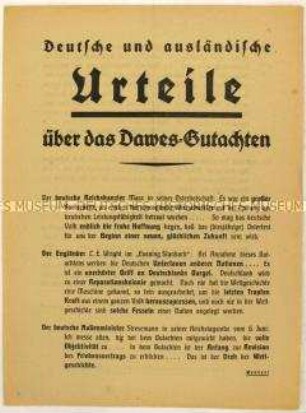 Flugblatt der Deutschnationalen Volkspartei mit nationalen und internationalen Kommentaren zum Dawes-Plan