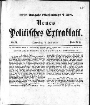 Neues Politisches Extrablatt. N[umer]o 2. Erste Ausgabe (Nachmittags 2 Uhr). (Sammlung Friedlaender)