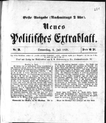 Neues Politisches Extrablatt. N[umer]o 2. Erste Ausgabe (Nachmittags 2 Uhr). (Sammlung Friedlaender)