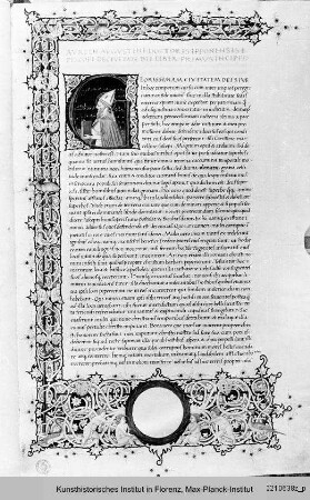 De civitas dei : Blatt mit Randbordüre, Text und historisierter Initiale G: Augustinus