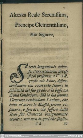 Altezza Reale Serenissima, Prencipe Clementissimo, Mio Signore