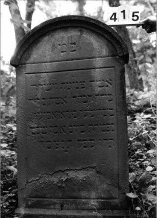 Grabstein 415 (Index: 99803671) Material: Sandstein Zustand: unten verwittert Maße HxBxT: 119x60x16 cm Beschreibung: Stele mit verdachtem Rundbogen, profilierter Rand, Giebelfeld: Grabstein 415