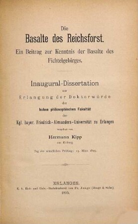 Die Basalte des Reichsforst : ein Beitrag zur Kenntnis der Basalte des Fichtelgebirges