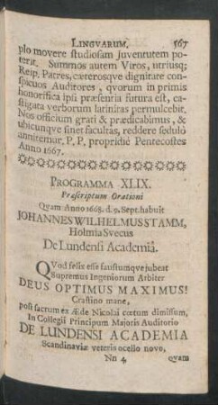 Programma XLIX. Praesriptum Orationi [...] De Ludensi Academia