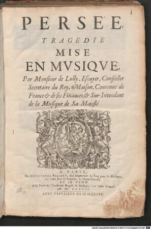 PERSÉE, TRAGEDIE MISE EN MVSIQVE -Musiksammlung der Grafen zu Toerring-Jettenbach Dr 17