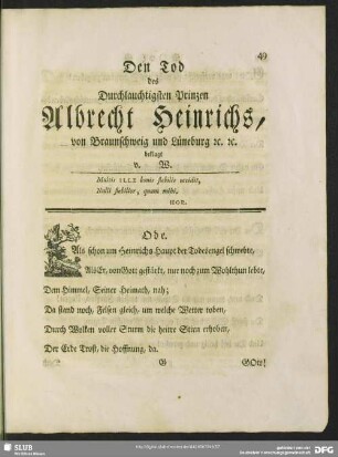 Den Tod des Durchlauchtigsten Prinzen Albrecht Heinrichs, von Braunschweig und Lüneburg [et]c. [et]c. beklagt v. W.