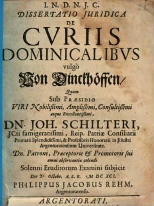 Dissertatio Iuridica De Curiis Dominicalibus vulgo Von Dinckhöffen