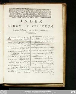 Index Rerum Et Verborum Memorabilium, quae in hoc Volumine continentur.