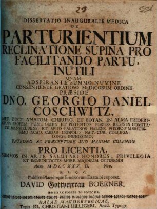 Diss. inaug. med. de parturientium reclinatione supina pro facilitando partu, inutili