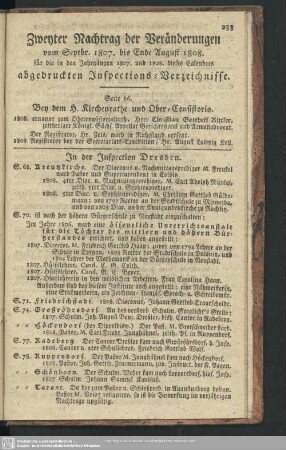 Zweyter Nachtrag der Veränderungen vom Septbr. 1807 bis Ende August 1808 für die in den Jahrgängen 1807 und 1808 dieses Calenders abgedruckten Inspections-Verzeichnisse