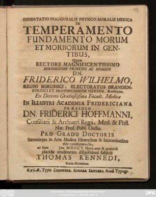 Dissertatio Inauguralis Physico-Moralis Medica De Temperamento Fundamento Morum Et Morborum In Gentibus