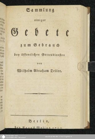 Sammlung einiger Gebete zum Gebrauch bey öffentlichen Gottesdiensten