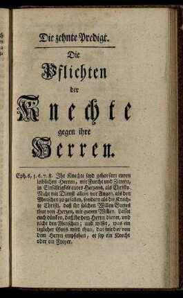 Die zehnte Predigt. Die Pflichten der Knechte gegen ihre Herren.