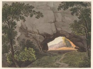 Das Felsentor Kuhstall (Ottendorfer Höhle) auf dem Neuen Wildenstein zwischen Schmilka und dem Kirnitzschtal in der Sächsischen Schweiz