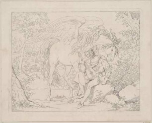 Zu Schillers "Pegasus im Joch", Blatt 1: Trauriger Dichter mit Laute und Pegasus in einer Landschaft