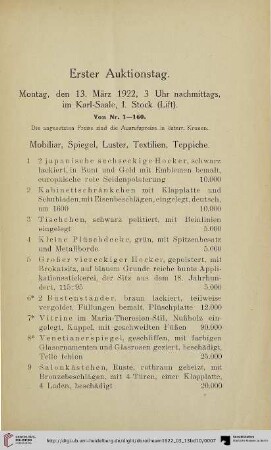 Mobiliar, Spiegel, Luster, Textilien, Teppiche (Nr. 1-46)