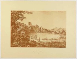 Die Burgruine in Tharandt mit dem Schlossteich und der Berg- und Stadtkirche im Hintergrund, aus der Mappe: Dresdens Umgebung in Landschaftsbildern, Anfang 19. Jahrhundert