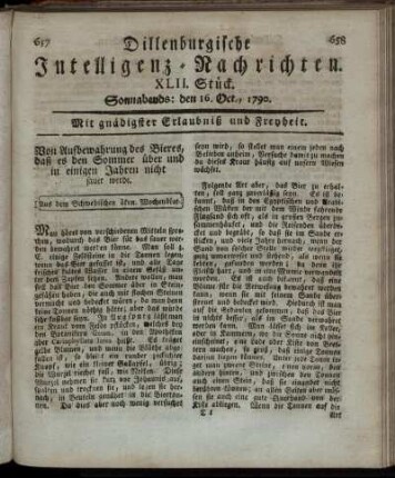 XLII. Stück. Sonnabends: den 16. Oct., 1790.