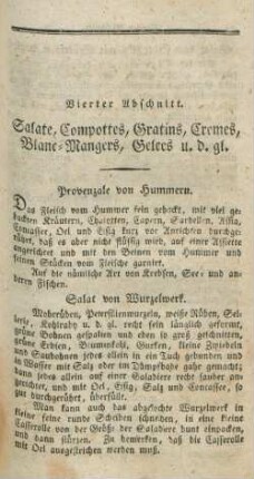 Vierter Abschnitt. Salate, Compottes, Gratins, Cremes, Blanc-Mangers, Gelees u.d.gl.