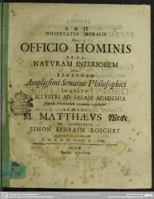 Dissertatio moralis de officio hominis erga naturam inferiorem