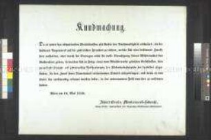 Maueranschlag: Der Niederösterreichische Landmarschall und Stellv. Regierungspräsident Graf Montecuculi- Laderchi gibt die Überprüfung von Fremden bekannt; Wien, 18. Mai 1848