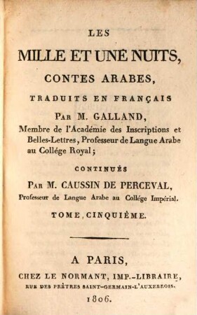 Les Mille Et Une Nuits : Contes Arabes, Tome Cinquième