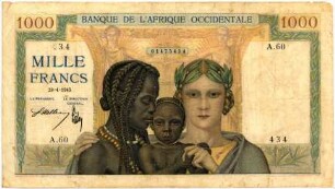 Geldschein, 1.000 Francs, 28.4.1945