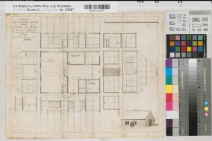 Düte und Lada (Westerkappeln) Entwurf eines Schulhauses Grundriß, Ansichten Schule und Schullehrerwohnung zu Düte und Lada im Kirchspiel Cappeln 1816 30 rh. Fuß = 10,8 cm 30 x 39 Zeichnung F. W. Staggemeier, Lengerich Regierung Münster Nr. 31642