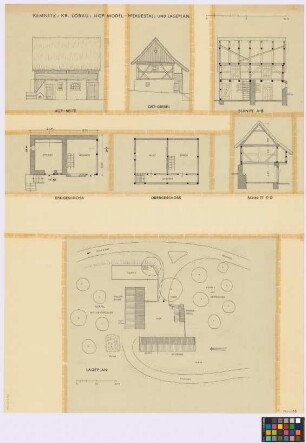 Kemnitz (Kreis Löbau): Hof [Karl] Model. - Lageplan mit Pferdestall (Aufsicht), Scheune (Aufsicht), Anbau der Scheune (Aufsicht), Haupthaus (Aufsicht), Dung (Aufsicht). - Pferdestall (Seiten-Ansicht, Ost-Giebel-Ansicht, Längsschnitt A-B, Querschnitt C-D, Grundriss des Erdgeschosses, Grundriss des Obergeschosses)