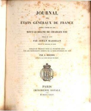 Journal des États Généraux de France tenus à Tours en 1484 sous le règne de Charles VIII