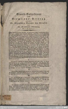 Staats- Subjections und Exemtions-Vertrag zwischen Sr. Königlichen Majestät von Preussen und der Reichsstadt Nürnberg : Mit Beylage
