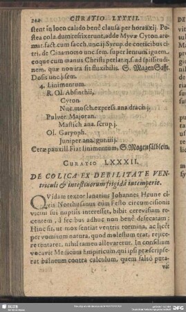 Curatio LXXXII. [Curatio LXXXV.] De Colica Ex Debilitate Ventriculi et intestinorum frigida intemperie
