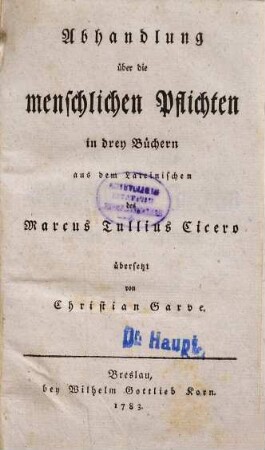 Abhandlung über die menschlichen Pflichten : in drey Büchern