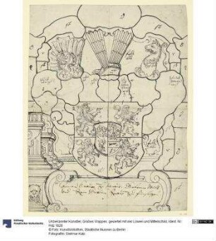 Großes Wappen, geviertet mit vier Löwen und Mittelschild