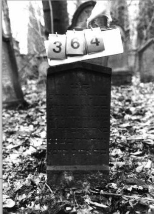 Grabstein 364 (Index: 99751134) Material: Sandstein Zustand: gut Maße HxBxT: 66x30x12 cm Beschreibung: Stele, giebelartiger Abschluß mit Verdachung: Grabstein 364
