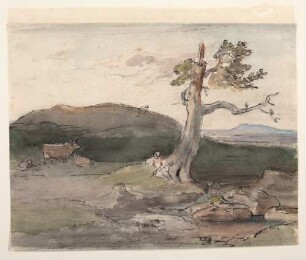Baum, Tümpel und Kuhherde