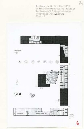 Sozialtherapeutische Anstalt, Berlin-Borsigwalde (Diplomarbeit bei Willy Kreuer): Grundriss Erdgeschoss 1:200