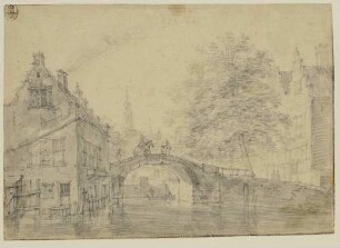 Häuser am Kanal, Brücke und in der Ferne Kirchtürme (Amsterdam?)